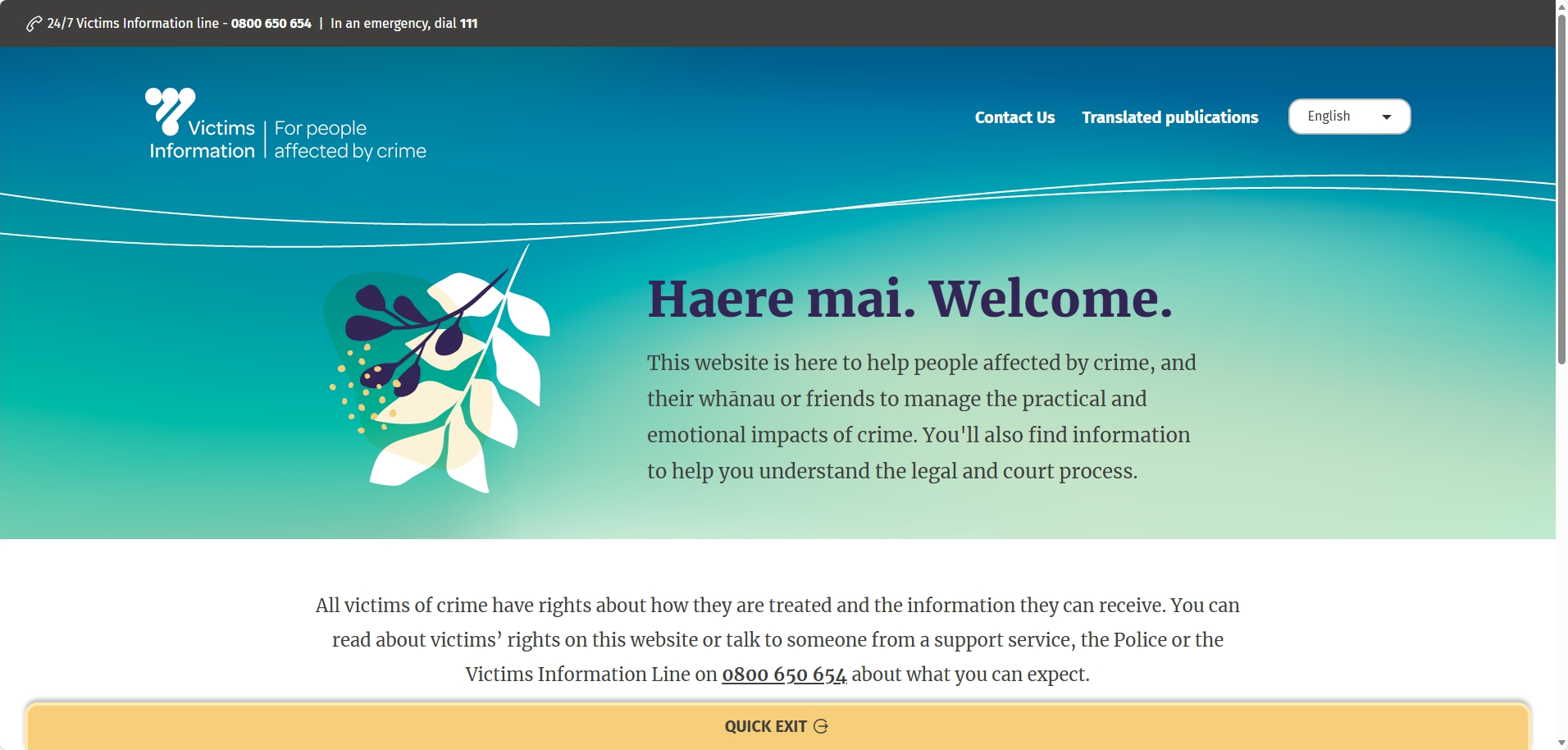 Welcome banner for the Victims Information website, showing a decorative plant illustration and text introducing support for people affected by crime.
